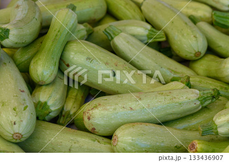 Cascading harvest of fresh green zucchini in a vibrant market stall brimming with summer produce 133436907