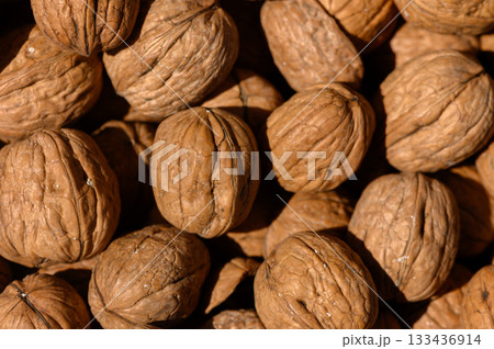Walnuts nestled in a rustic display showcasing natural textures and earthy tones during a sunlit afternoon harvest Walnuts nestled in a rustic display showcasing natural textures and earthy tones during a sunlit afternoon harvest 133436914