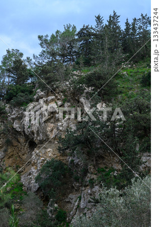 Adventurous hikers exploring rugged terrain under a cloudy sky in a serene mountainous region during the early morning hours 133437244
