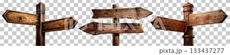 Three Empty Wooden Directional Signs with Pole Isolated on Transparent Background - Generative Ai Three Empty Wooden Directional Signs with Pole Isolated on Transparent Background - Generative Ai 133437277