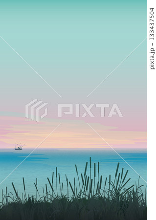Minimalist seascape with silhouetted grass field at cliff have twilight sky vertical background graphic illustration have blank space. Minimalist seascape with silhouetted grass field at cliff have twilight sky vertical background graphic illustration have blank space. 133437504