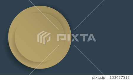Double 3D yellow circle plate paper cut style on the left of blue background graphic illustration have blank space. 133437512
