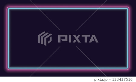 Pink and blue neon lighting rounded rectangle frame on dark purple background graphic illustration. 133437516