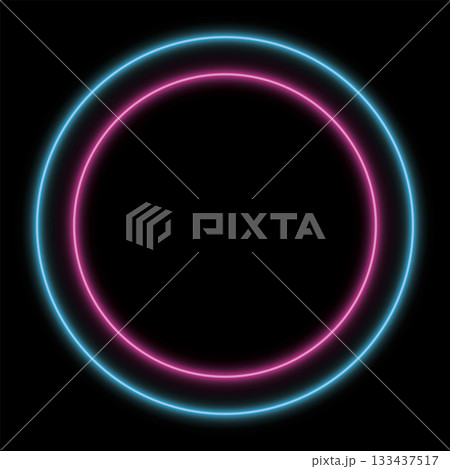 Pink and blue neon lighting circle frame on black square background graphic illustration. 133437517