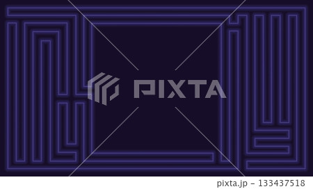 Blank square frame with blue neon lighting maze lines pattern on purple background. 133437518