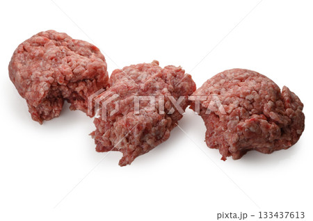 Three portions of meat mince on white background Three portions of meat mince on white background 133437613