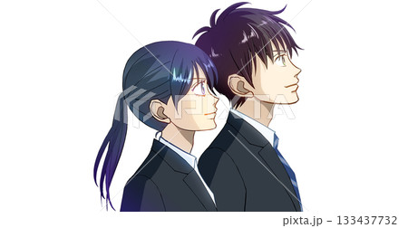 並んで立つ学生または社会人の男女の横顔アニメ風イラスト、白バック 並んで立つ学生または社会人の男女の横顔アニメ風イラスト、白バック 133437732