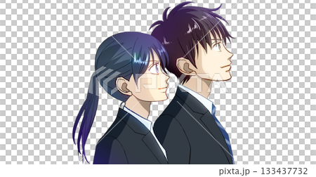 動漫風格的插圖，描繪了一男一女學生或上班族並肩站立的側面像，白色背景。 133437732