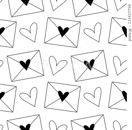 Seamless pattern with hand drawn cute hearts and love letters. Valentine's Day seamless pattern. Vector graphic line black and white illustration Greeting card, wallpaper or gift wrapping 133437759