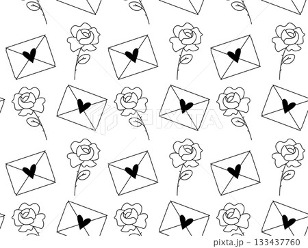 Heart envelope and rose Valentine's Day seamless pattern. Vector graphic line black and white illustration. design for fashion graphics, textile prints, fabrics, wallpapers. Heart envelope and rose Valentine's Day seamless pattern. Vector graphic line black and white illustration. design for fashion graphics, textile prints, fabrics, wallpapers. 133437760
