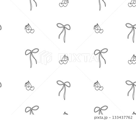 Cherry fruit with ribbon Valentine's Day seamless pattern. Vector graphic line black and white illustration. Textile, fabric, texture design Design for package, cosmetic, textile, cards. 133437762