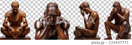 Wooden Sculpture of a Man with a Sad Face Isolated on Transparent Background - Generative Ai 133437771