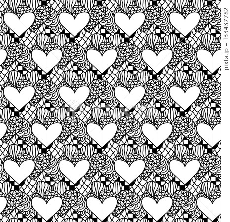Doodle heart closeup Valentine's Day seamless pattern. Vector graphic line black and white illustration. Banner, poster, wrapping paper, sticker, print, modern textile design. 133437782