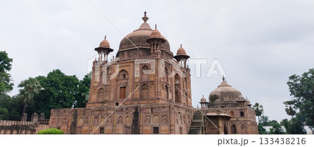 Multiple Mughal-era tombs inside Khusro Bagh in Prayagraj showcasing royal mausoleums of Prince Khusrau, Shah Begum, and Nithar Begum with historic architecture. 133438216