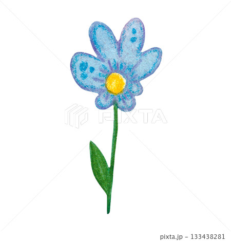 Blue flower on a stem, abstract daisy. Watercolor illustration, hand-drawn, cartoon. Game, children, decoration, petals, plant, applique 133438281