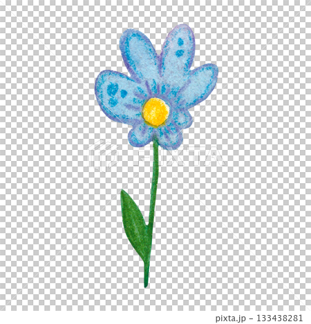 Blue flower on a stem, abstract daisy. Watercolor illustration, hand-drawn, cartoon. Game, children, decoration, petals, plant, applique 133438281