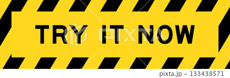 Yellow and black color with line striped label banner with word try it now 133438571