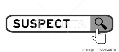 Search banner in word suspect with hand over magnifier icon on white background Search banner in word suspect with hand over magnifier icon on white background 133438610