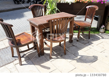 Chair and table in a city cafe on the seafront in Tel Aviv. 133438780