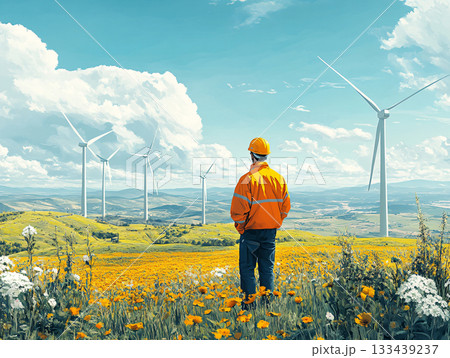 Clean energy innovation. Engineer in wind power industry. Watercolor style. AI Generated. Clean energy innovation. Engineer in wind power industry. Watercolor style. AI Generated. 133439237