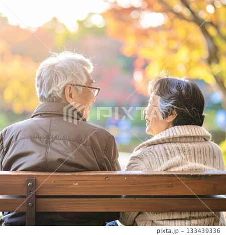 公園のベンチに座っている高齢の夫婦 133439336