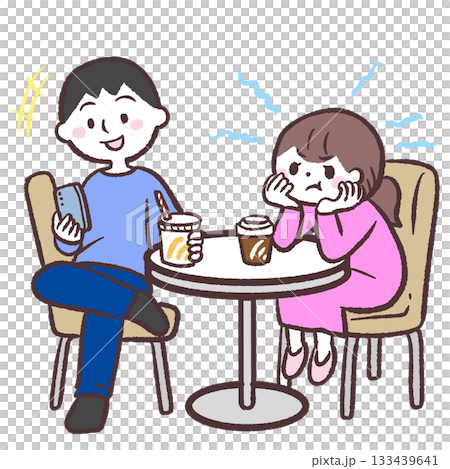 插圖描繪了一位女士因男士低頭看智慧型手機而感到惱火的情景。 133439641