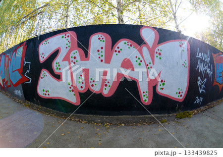 Fisheye shot of street art graffiti drawing on wall. Spray art artwork with different colors and outlines. Illegal vandalism concept Fisheye shot of street art graffiti drawing on wall. Spray art artwork with different colors and outlines. Illegal vandalism concept 133439825
