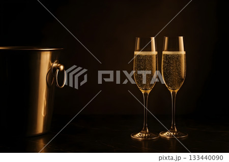 Two champagne flutes filled with sparkling wine on a dark marble surface, golden light and bubbles 133440090