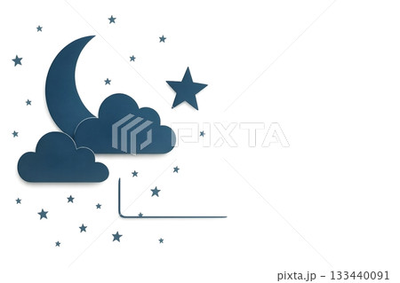 Minimal blue crescent moon, clouds and stars in paper cut style on white background 133440091