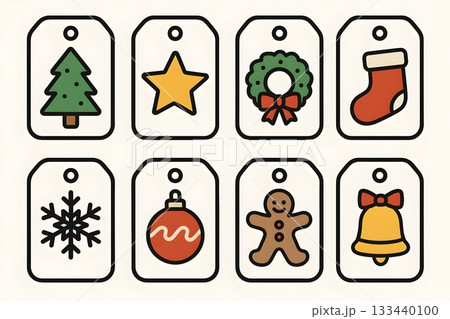 Set of eight minimalist Christmas gift tags with bold outline icons tree, star, wreath, stocking 133440100