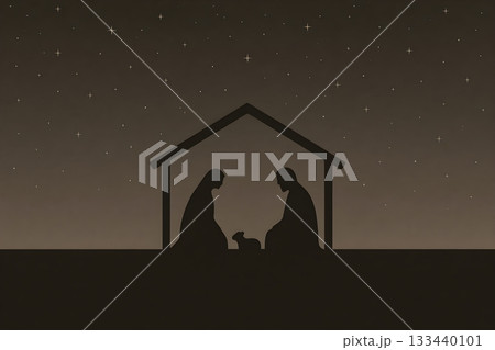Minimal nativity silhouette in a stable under a starry night sky Mary and Joseph beside the newborn in a manger Minimal nativity silhouette in a stable under a starry night sky Mary and Joseph beside the newborn in a manger 133440101