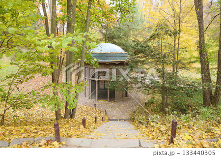 Beautiful Nature Autumn landscape. Scenery view on autumn city park with golden yellow foliage in cloudy day. Walking paths in the city Park strewn with autumn fallen leaves 133440305