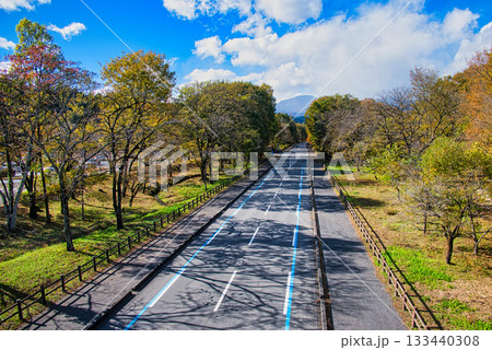 日光だいや川公園に渡る歩道橋の上から見た、紅葉に染まる木々と秋晴れの素晴らしい風景 133440308