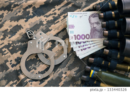 Ukrainian army machine gun belt shells, handcuffs and bunch of hryvnia bills on military uniform. Concept of bribery and war crimes during war in Ukraine 133440326