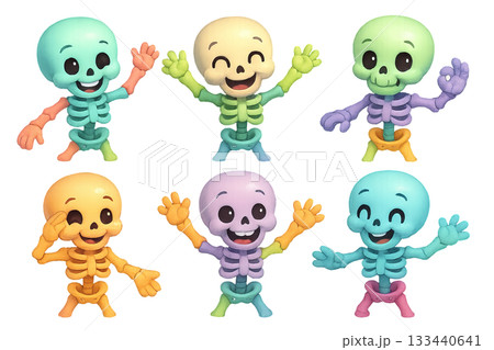 Png set of playful colorful skeletons with cheerful expressions isolated on transparent background. concept of fun halloween decor, joyful characters, comic bone figures for design 133440641