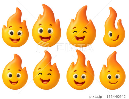 Png set of cute cartoon flame characters with expressive faces isolated on transparent background. concept of playful fire emojis, fun kids decor, burning shaped icons 133440642