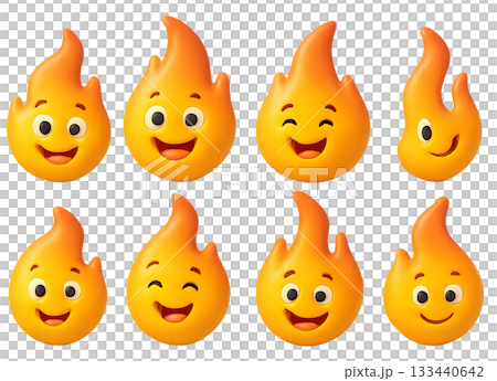 Png set of cute cartoon flame characters with expressive faces isolated on transparent background. concept of playful fire emojis, fun kids decor, burning shaped icons 133440642