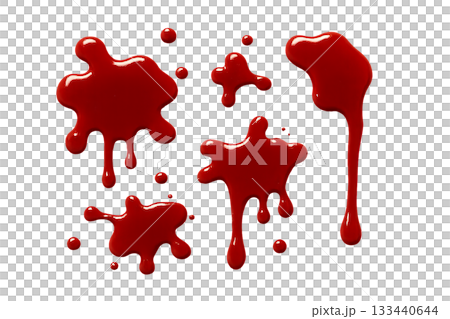 Png set of red liquid splashes isolated on transparent background. concept of abstract paint droplets, creative design, artistic splash elements for decoration, digital art asset. 133440644