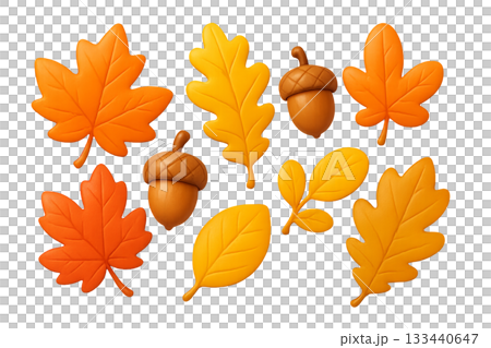 Png set of autumn leaves and acorns in vibrant colors isolated on transparent background. concept of fall season decor, nature elements, botanical illustration. Png set of autumn leaves and acorns in vibrant colors isolated on transparent background. concept of fall season decor, nature elements, botanical illustration. 133440647