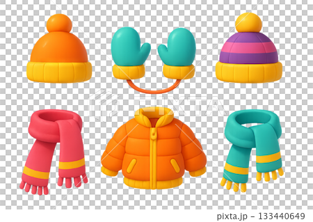 Png set of colorful children's winter clothing including hats, mittens, jackets, and scarves isolated on transparent background. concept of kids winter fashion, warm apparel, cozy accessories. 133440649