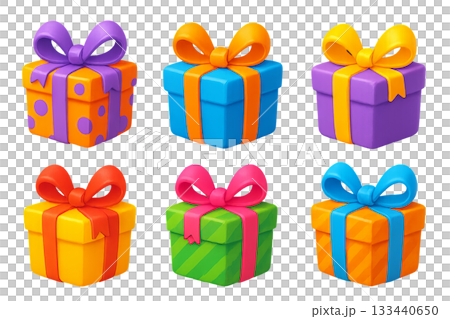 Png set of colorful gift boxes with bows isolated on transparent background. concept of festive presents, holiday decor, party gift wrapping, celebration elements. 133440650