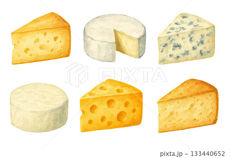 Png set of assorted cheese varieties in watercolor illustration isolated on transparent background. concept of dairy food, gourmet selection, artisanal cheese design elements. Png set of assorted cheese varieties in watercolor illustration isolated on transparent background. concept of dairy food, gourmet selection, artisanal cheese design elements. 133440652