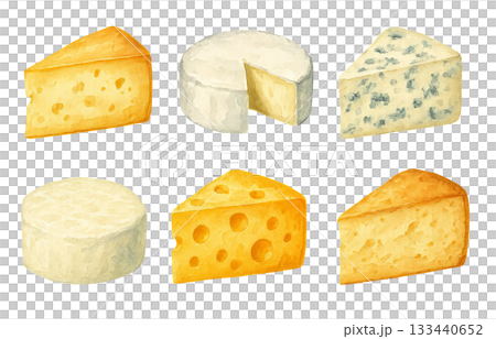 Png set of assorted cheese varieties in watercolor illustration isolated on transparent background. concept of dairy food, gourmet selection, artisanal cheese design elements. Png set of assorted cheese varieties in watercolor illustration isolated on transparent background. concept of dairy food, gourmet selection, artisanal cheese design elements. 133440652