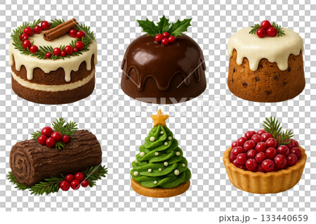 Png set of festive christmas cakes with berries and holly isolated on transparent background. concept of holiday desserts, winter treats, seasonal baked goods, celebration decor 133440659