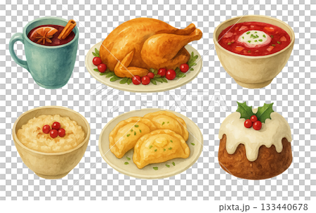 Png watercolor set of winter dishes with festive meals and traditional foods isolated on transparent background. concept of holiday cuisine, seasonal celebration, culinary art Png watercolor set of winter dishes with festive meals and traditional foods isolated on transparent background. concept of holiday cuisine, seasonal celebration, culinary art 133440678