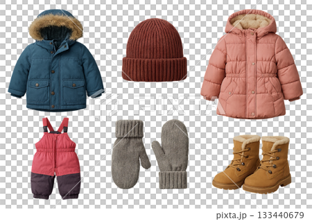 Png set of winter children's clothing including jackets, hat, mittens, boots and snowsuit isolated on transparent background. concept of warm kids' apparel, winter fashion, cozy outfits 133440679