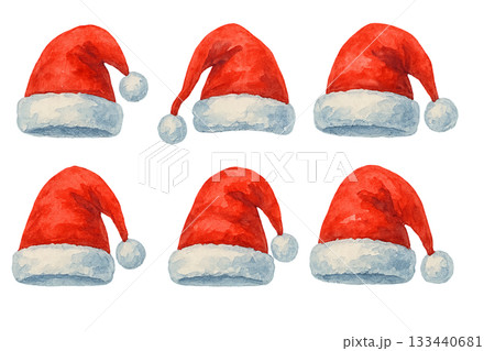 Png set of santa hats in watercolor style isolated on transparent background. concept of christmas decor, winter holiday fashion, festive illustration, seasonal design elements. 133440681