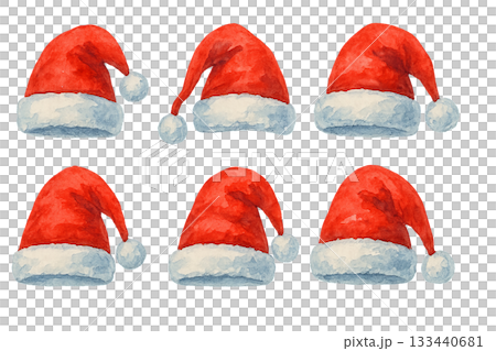Png set of santa hats in watercolor style isolated on transparent background. concept of christmas decor, winter holiday fashion, festive illustration, seasonal design elements. 133440681