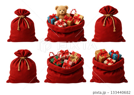 Png set of red gift bags with presents and candy canes isolated on transparent background. concept of holiday gifts, christmas decor, festive surprises, winter celebrations. 133440682