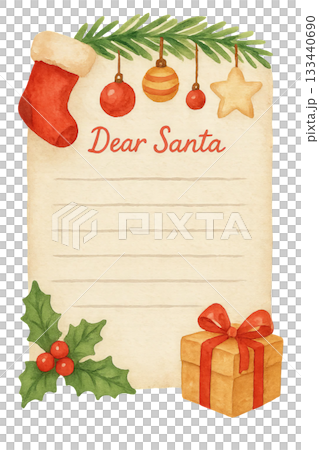 Png watercolor christmas letter template with festive decorations isolated on transparent background. concept of holiday stationery, santa claus wish list, seasonal greeting card design 133440690